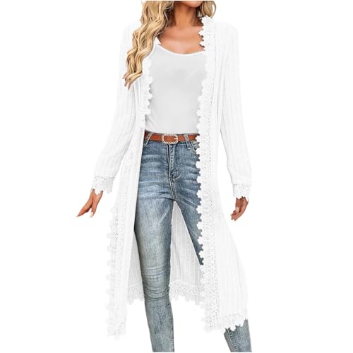 KODMNSW Strickjacke Damen Lang Cardigan Strickjacken mit Spitze übergangsjacke Locker Casual Feinstrickjacke Leichte Strickmantel Damenstrickjacke Dünnejacke Weich Strickcardigan Weiß L von KODMNSW