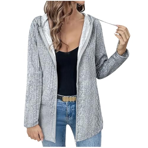 KODMNSW Strickjacke Damen übergangsjacke mit Kapuze Reißverschluss Gestrickt Kapuzenjacke Warme Lässig Cardigan Leichte Strickjacken Casual Pullover Strickmantel Damenstrickjacke Grau L von KODMNSW