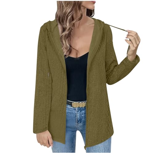 KODMNSW Strickjacke Damen übergangsjacke mit Kapuze Reißverschluss Gestrickt Kapuzenjacke Warme Lässig Cardigan Leichte Strickjacken Casual Pullover Strickmantel Damenstrickjacke Armeegrün XXL von KODMNSW