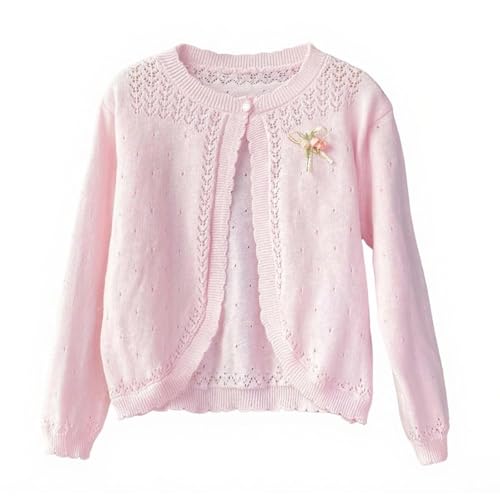 KODMNSW Strickjacke Mädchen mit Lochmuster Strick Cardigan Gestrickt Baumwolle Leichte Jacke Niedliches Pullover mit EIN Knopf Bolero Bequem Strickmantel Feinstrickjacke Rosa 12 Jahre von KODMNSW