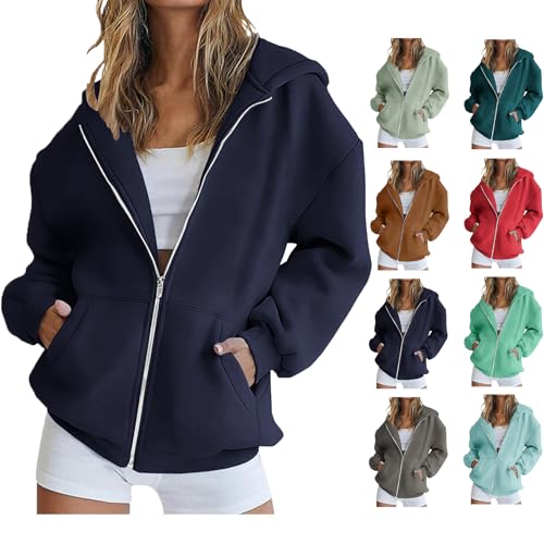 KODMNSW Sweatjacke Damen Fleece Wärme Kapuzenjacke 2025 Herbst Winter Sweatshirt Jacke Kuscheljacke Zipper Jacke Locker Casual Hoodie Einfarbig Sportjacke Teenager Mädchen Mantel Marine M von KODMNSW