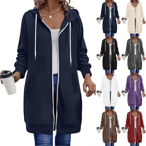 KODMNSW Sweatjacke Damen Lang Kapuzenjacke Casual Sweatshirt Jacke Fleece Wärme Zipper Jacke Kuscheljacke Einfarbig Mode Hoodie Oversize Pullover Frauen Kapuzenpullover Mantel Marine M von KODMNSW