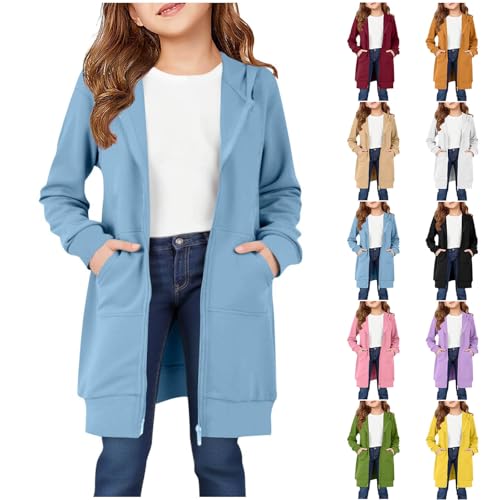 KODMNSW Sweatjacke Mädchen Hoodie Kapuzenjacke Lang Fleece Warm Kuscheljacke Kapuzenpullover mit Reißverschluss Casual Sweatshirt Jacke 2025 Herbst Winter Hoodie Jacke für Übergangs Blau 14 Jahre von KODMNSW