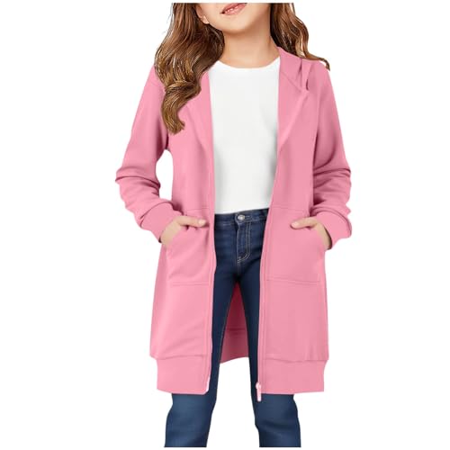 KODMNSW Sweatjacke Mädchen Hoodie Kapuzenjacke Lang Fleece Warm Kuscheljacke Kapuzenpullover mit Reißverschluss Casual Sweatshirt Jacke 2025 Herbst Winter Hoodie Jacke für Übergangs Rosa 14 Jahre von KODMNSW