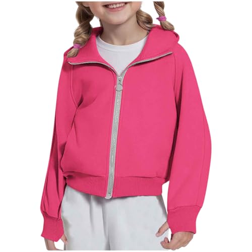 KODMNSW Sweatjacke Mädchen Kapuzenpullover Hoodie Jacke Locker Casual Kapuzenjacke Sweatshirt mit Kapuzen Reißverschluss Einfarbig Zipper Hoodie Zip up Pullover Kinder Jacke Knalliges Pink 140 von KODMNSW