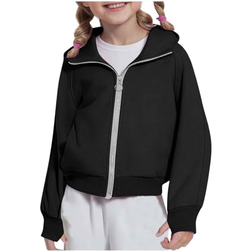 KODMNSW Sweatjacke Mädchen Kapuzenpullover Hoodie Jacke Locker Casual Kapuzenjacke Sweatshirt mit Kapuzen Reißverschluss Einfarbig Zipper Hoodie Zip up Pullover Kinder Jacke für Herbst Schwarz 150 von KODMNSW