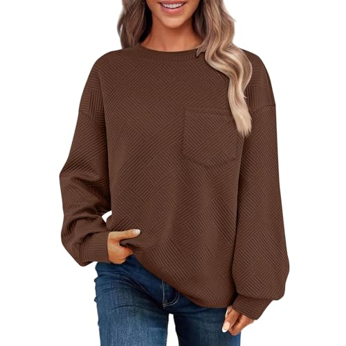 KODMNSW Sweatshirt Damen Herbst Winter Pullover Shirt Elegante Oberteile Locker Casual Langarmshirt Tops Sport Shirts Winterpullover Ohne Kapuze Longsleeve Tshirt Teenager Mädchen Tops Braun M von KODMNSW