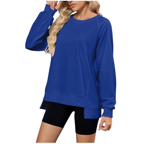 KODMNSW Sweatshirt Damen Raglanärmel Langarmshirt Pullover Rundhals Casual Langarm T-Shirts Elegante Oberteile Sport Shirts Einfarbig Bluse für Herbst Winter Mode Locker Tops Blau L von KODMNSW