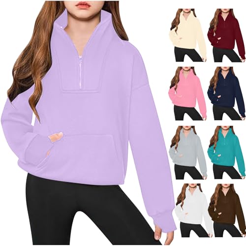 KODMNSW Sweatshirt Mädchen Langarmshirt Pullover mit Reißverschluss Casual Elegante Oberteile Locker Langarm Tshirt Herbst/Winter Kinder Longsleeve Bluse Tunika Top Sale Angebote Lila 130 von KODMNSW