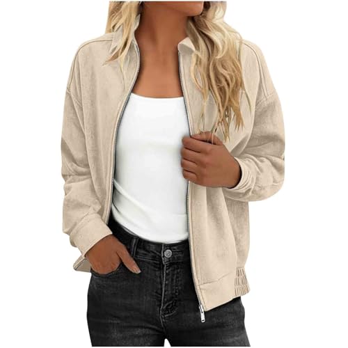 KODMNSW Wildlederjacke Damen Kurz Jacke Lederjacke Faux Wildleder Mantel Kunstlederjacke Motorradjacke Casual Blouson Herbstjacke Übergangsjacke Bomberjacke Kurzmantel Mode Suede Jacket Beige XL von KODMNSW