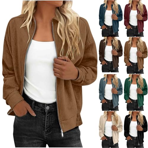 KODMNSW Wildlederjacke Damen Kurz Jacke Lederjacke Faux Wildleder Mantel Kunstlederjacke Motorradjacke Casual Blouson Herbstjacke Übergangsjacke Bomberjacke Kurzmantel Mode Suede Jacket Braun L von KODMNSW