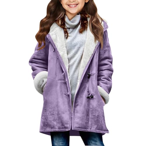 KODMNSW Winterjacke Mädchen Fleecejacke Warm Weich Wildleder Wintermantel Teddyfleece Jacke Fleece Parka Einfarbig Fleecepullover mit Knopf Wildlederjacke Fleecemantel Outdoorjacke Lila 12 Jahre von KODMNSW