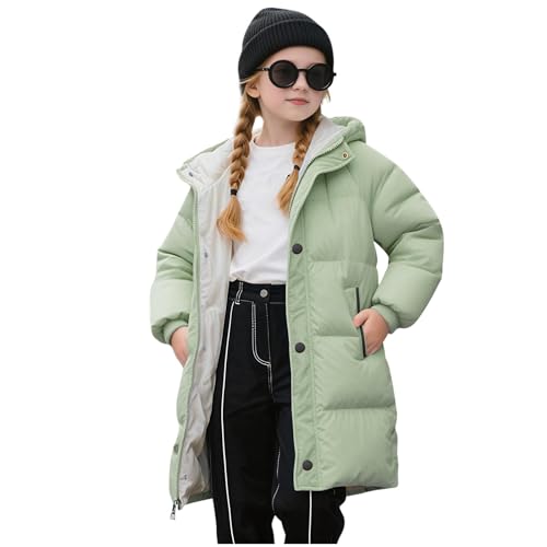 KODMNSW Wintermantel Mädchen Lang Daunenmantel Warm Puffer Mantel Winterjacke mit Kapuze Winter Coat Kinder Outdoor Mantel Einfarbig Baumwolljacke Kinderjacke Pufferjacke 2-11 Jahre Grün 9 Jahre von KODMNSW