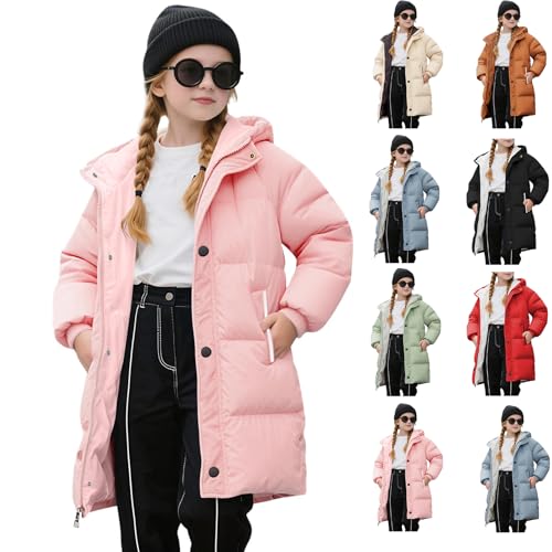 KODMNSW Wintermantel Mädchen Lang Daunenmantel Warm Puffer Mantel Winterjacke mit Kapuze Winter Coat Kinder Outdoor Mantel Einfarbig Baumwolljacke Kinderjacke Pufferjacke 2-11 Jahre Rosa 11 Jahre von KODMNSW