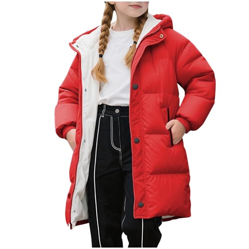 KODMNSW Wintermantel Mädchen Lang Daunenmantel Warm Puffer Mantel Winterjacke mit Kapuze Winter Coat Kinder Outdoor Mantel Einfarbig Baumwolljacke Kinderjacke Pufferjacke Wassermelonenrot 11 Jahre von KODMNSW