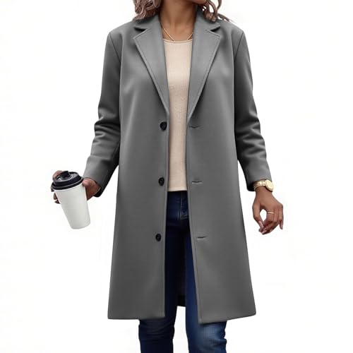 KODMNSW Wollmantel Damen Lang Fleecemantel Winterjacke V-Ausschnitt Elegant Dufflecoat Warm Wolljacke Einfarbig Wintermantel Trenchcoat Frau Winter Mantel mit Gefüttert Schulterpolster Dunkelgrau L von KODMNSW