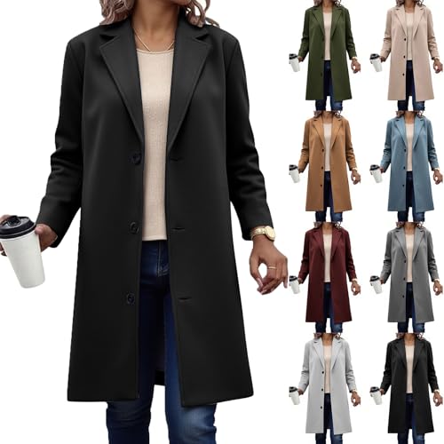 KODMNSW Wollmantel Damen Lang Fleecemantel Winterjacke V-Ausschnitt Elegant Dufflecoat Warm Wolljacke Einfarbig Wintermantel Trenchcoat Frau Winter Mantel mit Gefüttert Schulterpolster Schwarz XL von KODMNSW