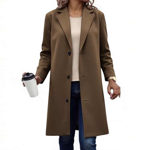 KODMNSW Wollmantel Damen Lang Fleecemantel Winterjacke V-Ausschnitt Elegant Dufflecoat Warm Wolljacke Einfarbig Wintermantel Trenchcoat Frau Winter Mantel mit Gefüttert Schulterpolster Braun L von KODMNSW