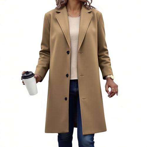 KODMNSW Wollmantel Damen Lang Fleecemantel Winterjacke V-Ausschnitt Elegant Dufflecoat Warm Wolljacke Einfarbig Wintermantel Trenchcoat Frau Winter Mantel mit Gefüttert Schulterpolster Khaki M von KODMNSW