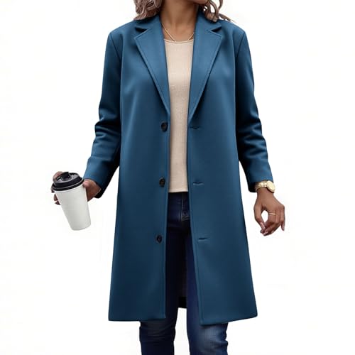 KODMNSW Wollmantel Damen Lang Fleecemantel Winterjacke V-Ausschnitt Elegant Dufflecoat Warm Wolljacke Einfarbig Wintermantel Trenchcoat Frau Winter Mantel mit Gefüttert Schulterpolster Marine M von KODMNSW