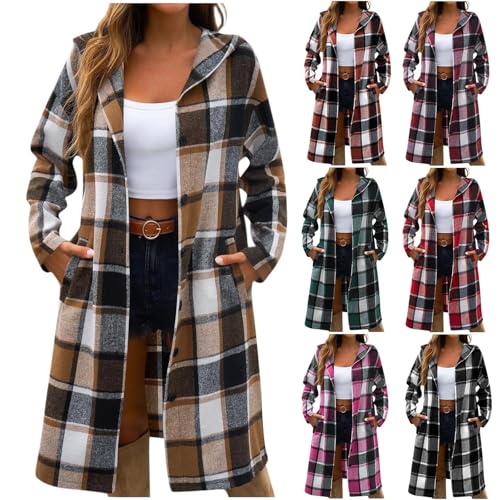 KODMNSW Wollmantel Damen Lang Winterjacke Fleecejacke Karierte Retro Dufflecoat Fleece Warm Kapuzenjacke Fleecemantel Wintermantel Strickjacke Trenchcoat Frau Winter Mantel mit Knopf Braun XXL von KODMNSW
