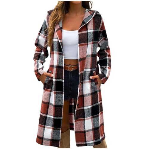 KODMNSW Wollmantel Damen Lang Winterjacke Fleecejacke Karierte Retro Dufflecoat Fleece Warm Kapuzenjacke Fleecemantel Wintermantel Strickjacke Trenchcoat Frau Winter Mantel mit Knopf Kaffee L von KODMNSW
