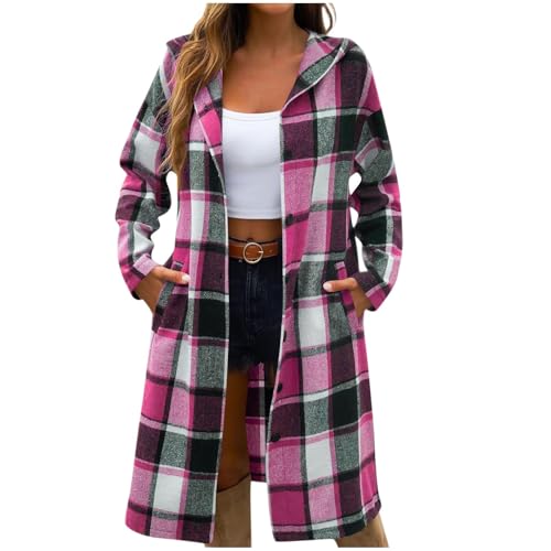 KODMNSW Wollmantel Damen Lang Winterjacke Fleecejacke Karierte Retro Dufflecoat Fleece Warm Kapuzenjacke Fleecemantel Wintermantel Strickjacke Trenchcoat Frau Winter Mantel mit Knopf Pink XXL von KODMNSW