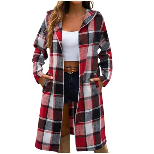 KODMNSW Wollmantel Damen Lang Winterjacke Fleecejacke Karierte Retro Dufflecoat Fleece Warm Kapuzenjacke Fleecemantel Wintermantel Strickjacke Trenchcoat Frau Winter Mantel mit Knopf Rot M von KODMNSW