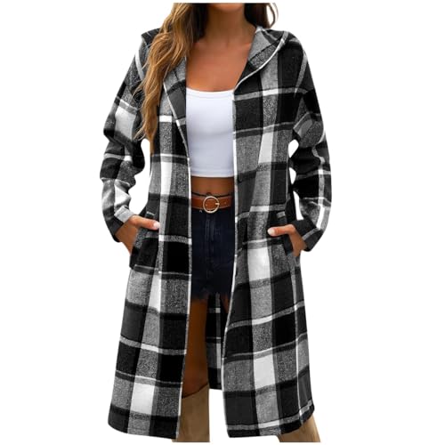 KODMNSW Wollmantel Damen Lang Winterjacke Fleecejacke Karierte Retro Dufflecoat Fleece Warm Kapuzenjacke Fleecemantel Wintermantel Strickjacke Trenchcoat Frau Winter Mantel mit Knopf Schwarz XL von KODMNSW