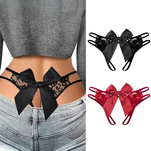 KOEMCY 2 Stück Tanga Sexy für Sex Spitze Ouvert String Frau String mit Offnung Sexy Spitzen Tanga mit Fliege Geeignet für den Täglichen Gebrauch Oder als Geschenk zum Valentinstag(L) von KOEMCY