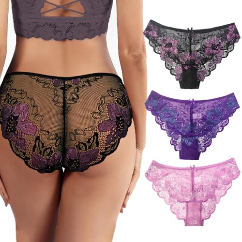 KOEMCY 3 Stück Unterhosen Damen Spitze Seamless Slips Damen V Taille Spitzen Nahtlose Hipster Unterhosen Mehrpack Atmungsaktiv Unterhosen Thong Unterwäsche Frauen(S) von KOEMCY