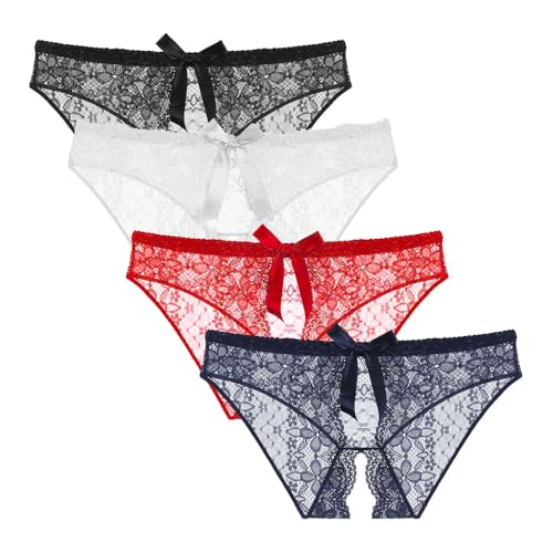 KOEMCY 4 Stück Unterhosen Damen Spitze Slips Mehrpack Pantys Hipster Nahtlos Baumwolle Unterwäsche Atmungsaktiv Bequem Alltag Dessous von KOEMCY