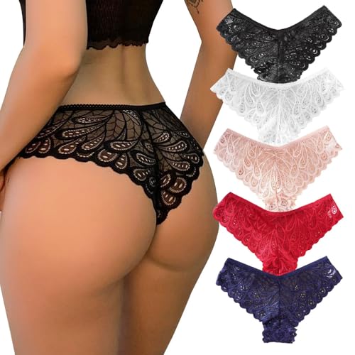 KOEMCY 5 Stück Unterhosen Damen Slips Mehrpack Spitze Pantys Hipster Nahtlos Baumwolle Unterwäsche Atmungsaktiv Komfortabel Alltag von KOEMCY