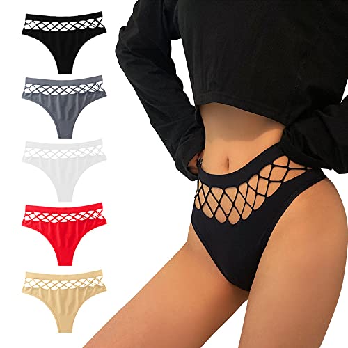 KOEMCY 5er Pack Tangas für Damen Aushöhlen Schlüpfer Sexy Mesh Panties T Back Nahtlose Thongs High Taille Panties Erotische Unterwäsche (L) von KOEMCY