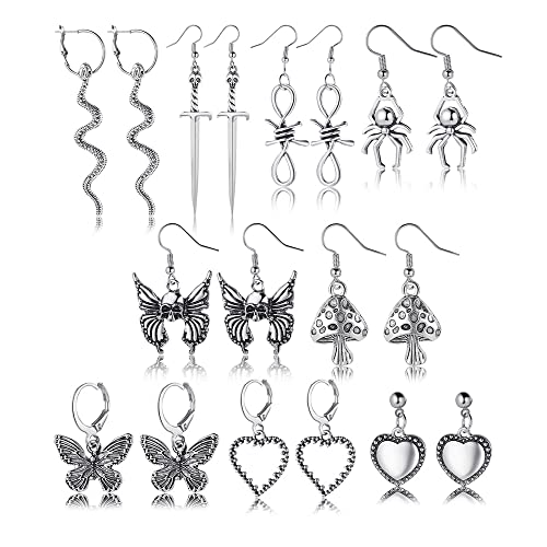KOEMCY 9 Paar Gothic Ohrringe Set - Vintage Grunge Retro Goth Ohrstecker Punk Kpop Huggie für Damen Halloween Schmuck von KOEMCY