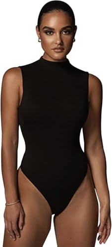 KOEMCY Body Damen Elegent Sexy Ärmellos Halbkragen Bodysuit Tops Schmal Geschnittenes Dehnbares Body Shaper (Schwarz,L) von KOEMCY