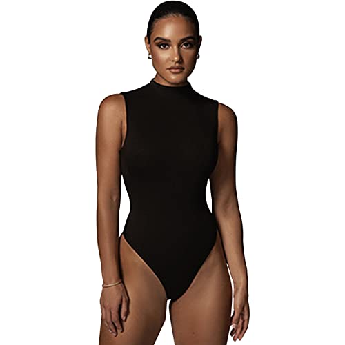 KOEMCY Body Damen Elegent Sexy Ärmellos Halbkragen Bodysuit Tops Schmal Geschnittenes Dehnbares Body Shaper (Schwarz,S) von KOEMCY