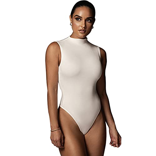 KOEMCY Body Damen Elegent Sexy Ärmellos Halbkragen Bodysuit Tops Schmal Geschnittenes Dehnbares Body Shaper (Weiß,L) von KOEMCY