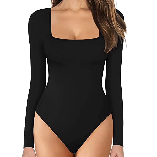 KOEMCY Body Damen Langarm, Bodysuit Oberteil Body Sexy Damenbody Schmal Bodysuits Tops Unterziehbody Elegant Langarmbody für Frauen Langarm (Schwarz, L) von KOEMCY