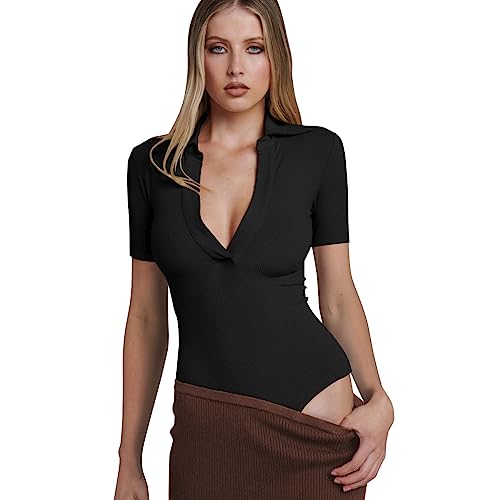 KOEMCY Body Damen Mode POLO V Ausschnitt Kurzarm Bodysuit Rippenstrick Schmaler Stretch Bodys Top (Schwarz,L) von KOEMCY