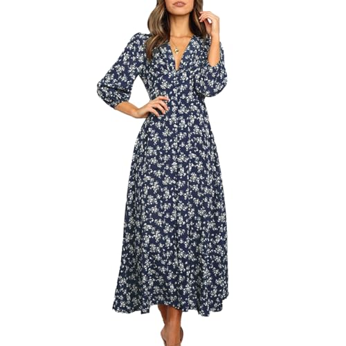 KOEMCY Boho Kleid Damen Blumen Langarm Herbst Kleider Hemdblusenkleid V-Ausschnitt Midikleid Button Down Strandkleid Blusenkleid Swing-Kleid (Blau,S) von KOEMCY