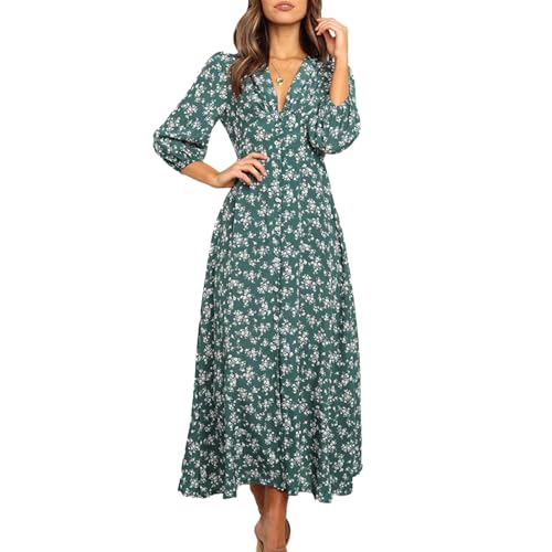 KOEMCY Boho Kleid Damen Blumen Langarm Herbst Kleider Hemdblusenkleid V-Ausschnitt Midikleid Button Down Strandkleid Blusenkleid Swing-Kleid (Grün,M) von KOEMCY