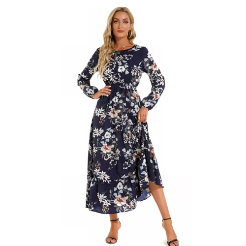 KOEMCY Boho Kleid Damen Blumenkleid Midikleid Chiffon Freizeitkleid Strandkleid Herbst Winter Langarm Kleid Rundhals Kleid Blumenmuster Tunikakleider (Blau,L) von KOEMCY