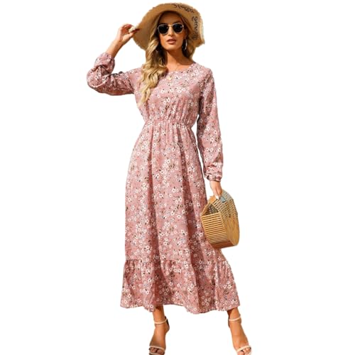 KOEMCY Boho Kleid Damen Blumenkleid Midikleid Chiffon Freizeitkleid Strandkleid Herbst Winter Langarm Kleid Rundhals Kleid Blumenmuster Tunikakleider (Rosa,L) von KOEMCY