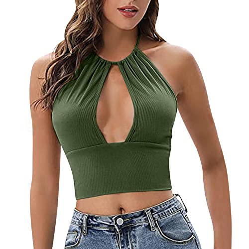 KOEMCY Crop Tops Damen Crop Tank Tops Ärmellose Top Bauchfreie Crop Tops Sexy Cut Outs Camisole Tank Top Casual Unterhemd (Grün, M) von KOEMCY