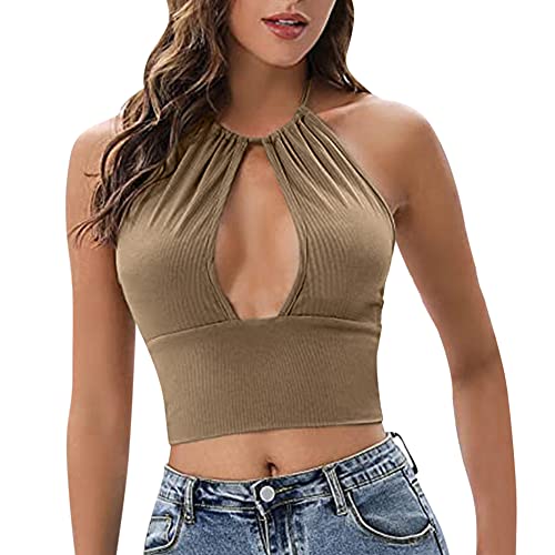 KOEMCY Tank Top Damen Neckholder Geripptes Crop Top Ärmellos Sommer Basic Tops Trägertop Elegant Spaghettiträger Shirt Halter Oberteile Achselshirts Trägershirt Weste von KOEMCY