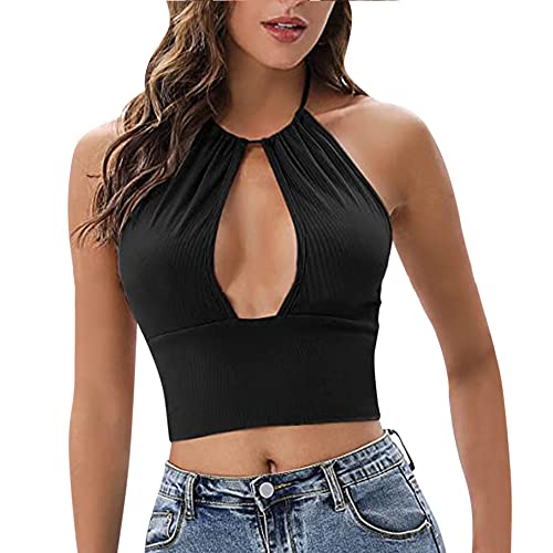 KOEMCY Crop Tops Damen Crop Tank Tops Ärmellose Top Bauchfreie Crop Tops Sexy Cut Outs Camisole Tank Top Casual Unterhemd (Schwarz, L) von KOEMCY