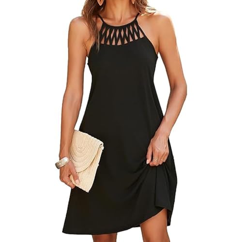 KOEMCY Damen A-Linie Strandkleid Boho Bikini Cover Up Sonnenkleid Gehäkeltes Hollow Out Aushöhlen Ärmellos Panzerkleid Schlankes Wickelkleid mit Tasche (Schwarz XL) von KOEMCY