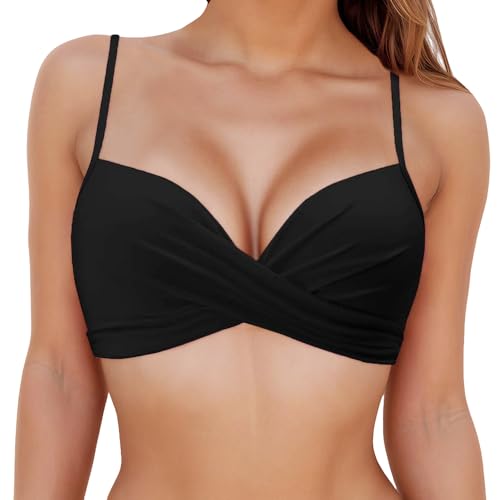 KOEMCY Damen Bikini Oberteil Schwarz Verstellbare Breite Träger V-Ausschnitt Bralette Push-Up Support für Strand Vacation Bademode Bikini Top (XL) von KOEMCY
