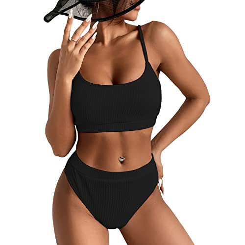 KOEMCY Damen Bikini Set High Waist Schwimmanzug Trendy Sexy Bademode Zweiteiliger Badeanzug Triangel Bikini Swimsuit Beachwear (Schwarz,M) von KOEMCY